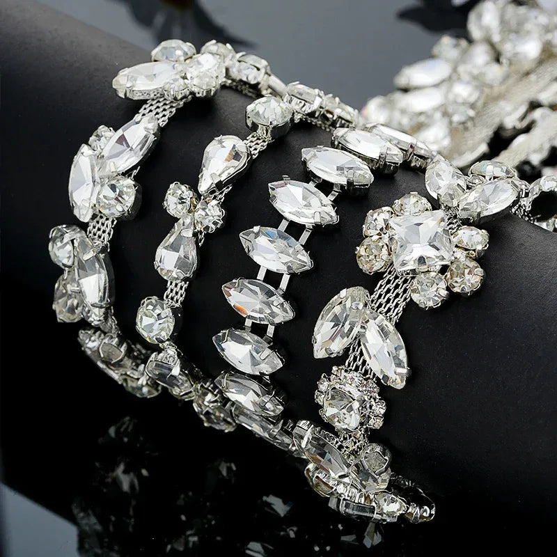 QIAO 90cm Rhinestone Crystal Chain Diamante Lace Diamond Trim Ribbon Necklace Applique Gem Sparkle Wedding Dress for DIY Craft