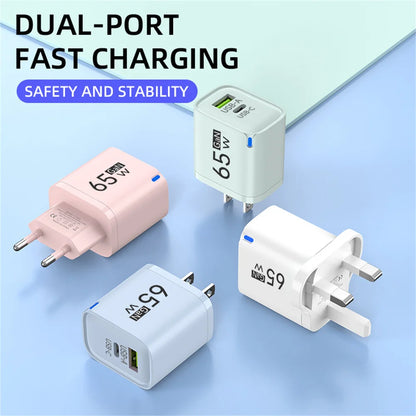 GaN 65W USB C Charger 3 Ports Quick Charge 3.0 QC3.0 Fast Charger Travel Wall Adapter for iPhone Samsung Xiaomi Huawei EU UK US