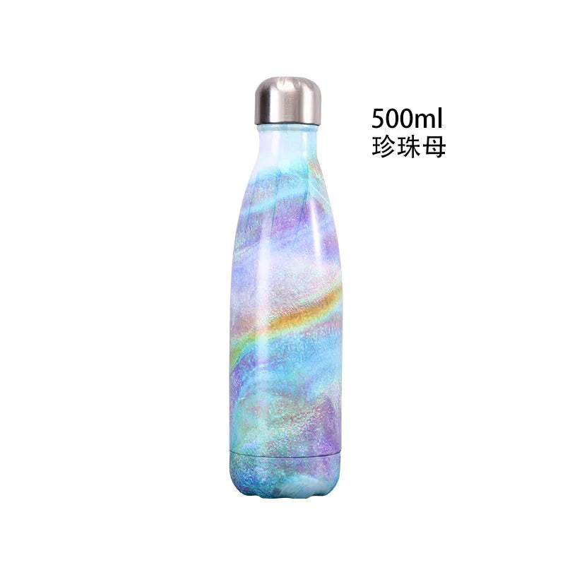 500ml Cola Shape Insulated Bottle, 304 Stainless Steel Vacuum Flask, Marble/Print Portable Water Bottle