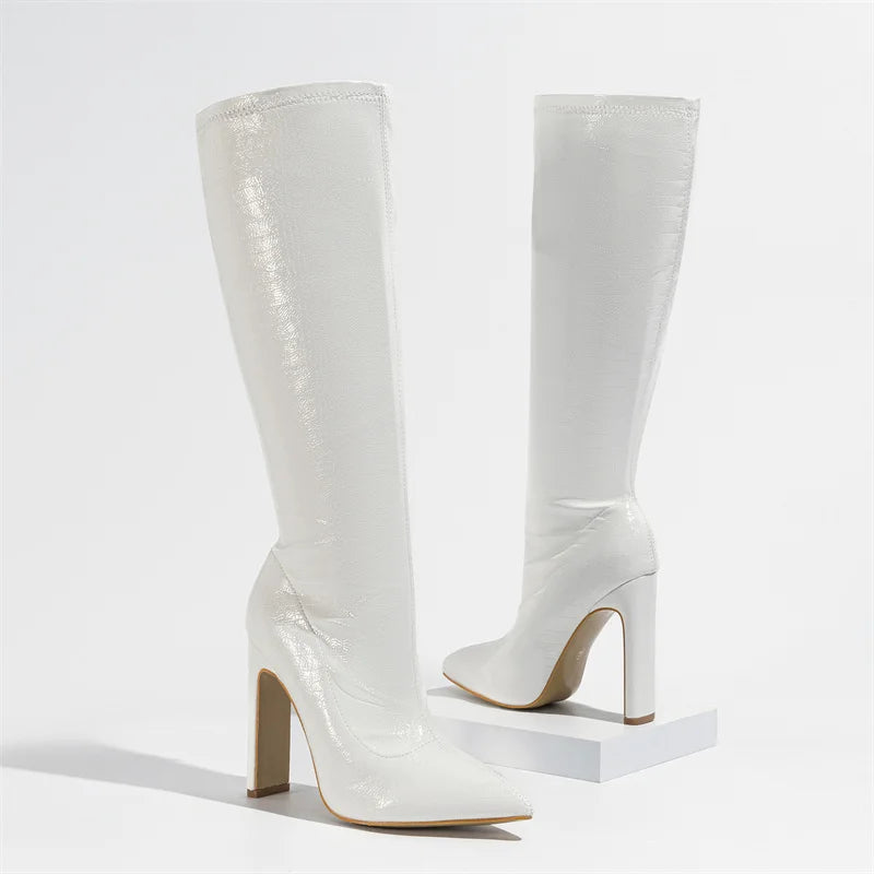 Hlieny Autumn Winter Fashion Women Knee High Motorcycle Boots Sexy Pointed Toe Square Heels Long Zipper Female Botas Shoes