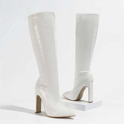 Hlieny Autumn Winter Fashion Women Knee High Motorcycle Boots Sexy Pointed Toe Square Heels Long Zipper Female Botas Shoes