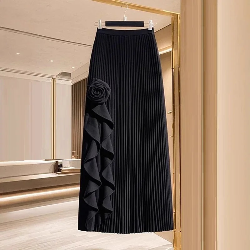 Spring Autumn Winter Elegant Irregular Pleated Skirt for Women Elastic A-line High Waist Midi Skirt White Black Flower Skirts