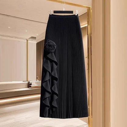 Spring Autumn Winter Elegant Irregular Pleated Skirt for Women Elastic A-line High Waist Midi Skirt White Black Flower Skirts