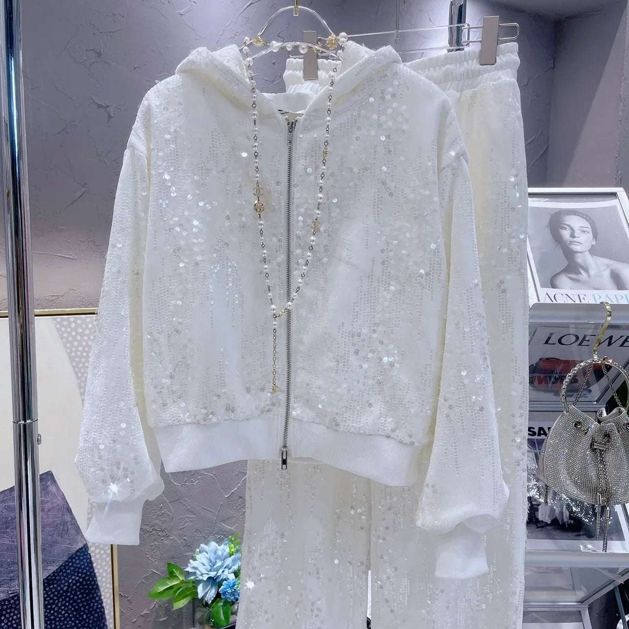 Fashion Pink Casual Suit for Women Autumn Winter New Gold Velvet Sequins Pearl Embroidery Sweatshirt Sports Pants Two-Piece Sets