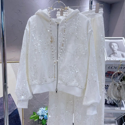 Fashion Pink Casual Suit for Women Autumn Winter New Gold Velvet Sequins Pearl Embroidery Sweatshirt Sports Pants Two-Piece Sets