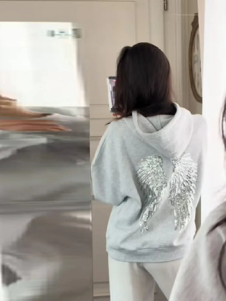 Chic Navy Blue Sequin Angle Pattern Hoodie Sweatsuit Long Sleeve Loose High Street Pullover 2025 New Lady Autumn Winter Coats
