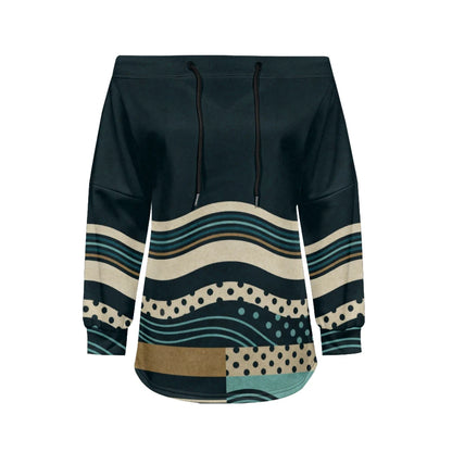 Trendy Off-Shoulder Sweatshirts with Striped & Polka Dot Patterns Drawstring Casual Loose-Fit Top for Women Casual Streetwear