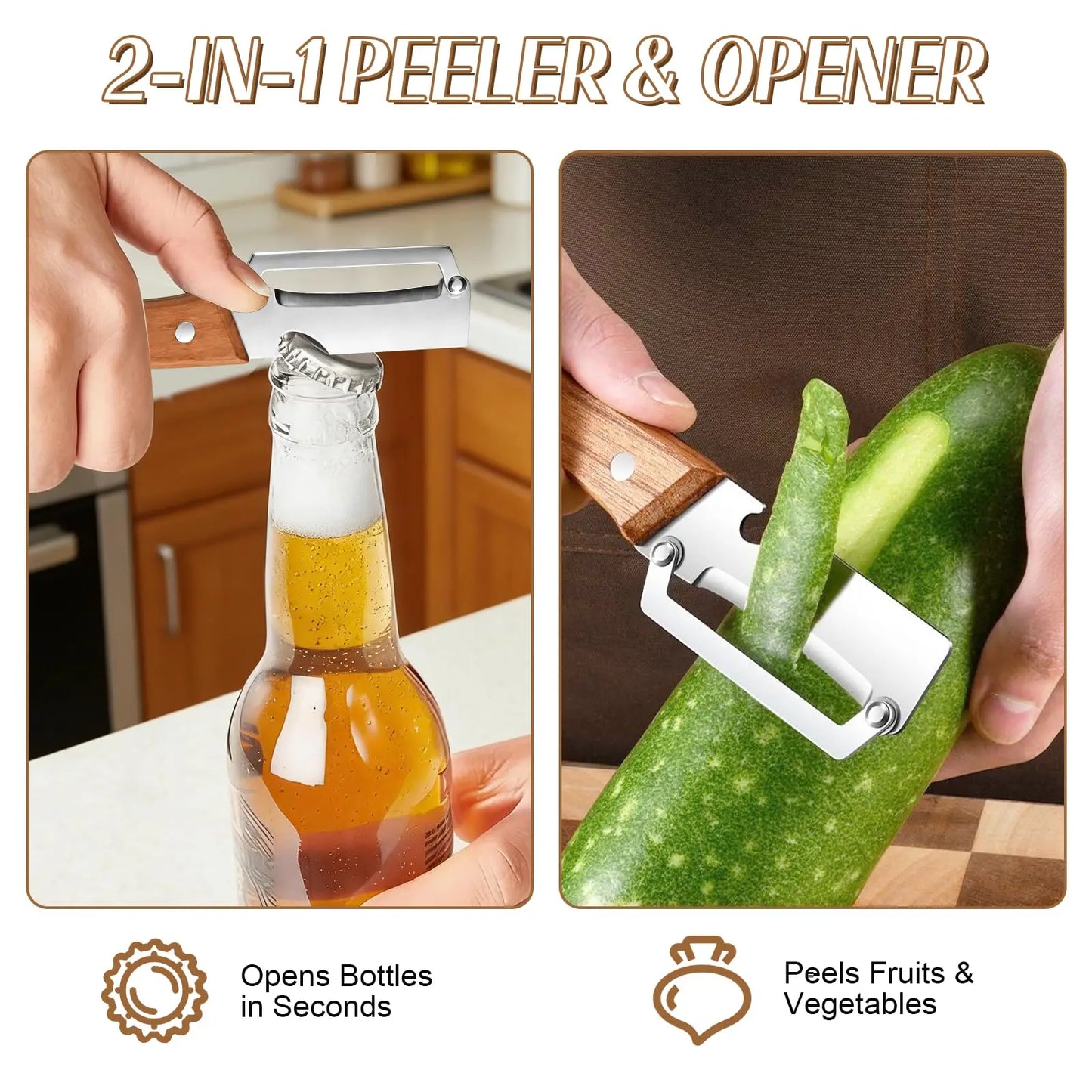 3-in-1 Vegetable Peeler with Wooden Handle and Bottle Opener, Multi-Functional Vegetable Peeler for Kitchen, Gadgets Tool