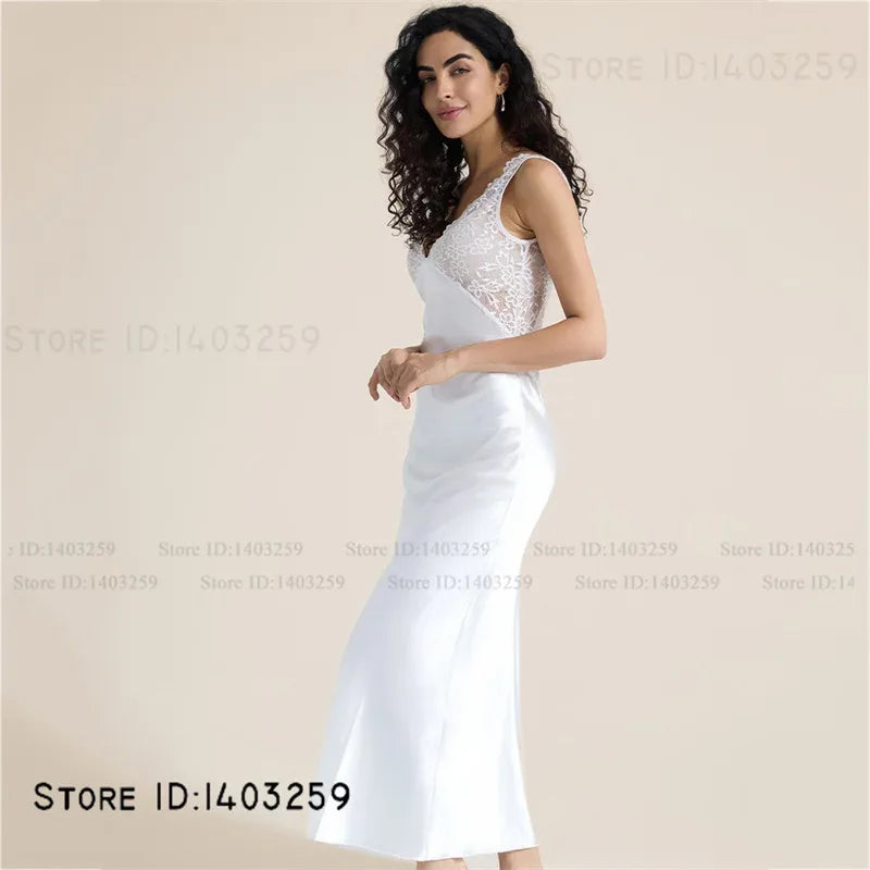 Elegant Female Long Nightgown Sleepwear Sexy Patchwork Lace Backless Nightdress Lingerie Summer New Silk Satin Homewear Nighty