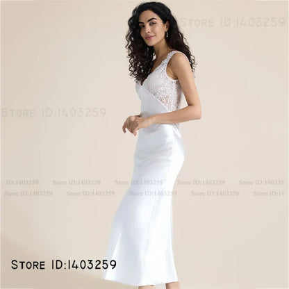 Elegant Female Long Nightgown Sleepwear Sexy Patchwork Lace Backless Nightdress Lingerie Summer New Silk Satin Homewear Nighty