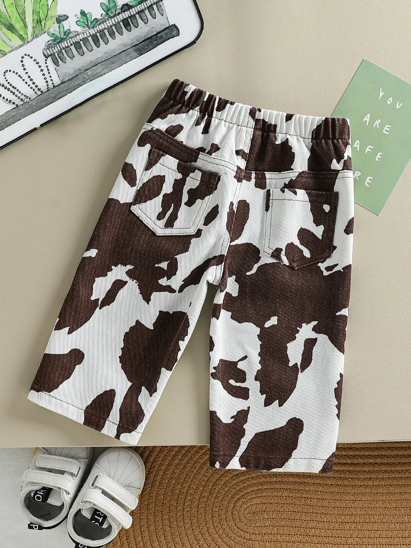 New Classic Black & White Cow Print Denim Pants with Button Waist & Pockets, Breathable & Comfortable for Baby Girls' Daily & Ca