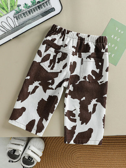New Classic Black & White Cow Print Denim Pants with Button Waist & Pockets, Breathable & Comfortable for Baby Girls' Daily & Ca