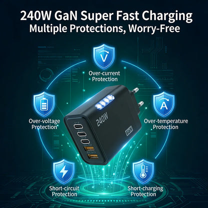 240W GaN Fast Charger 3 USB-C 2 USB-A Ports PD QC3.0 for iPhone 17 16 Galaxy S25 S24 Xiaomi 16 15 Huawei Mate 70 60 Oppo Vivo