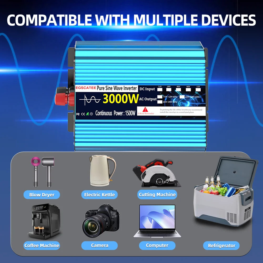 UK Pure Sine Wave Power Inverter 3000W DC 12V/24V To AC 240V Frequency Converter 50hz Solar car Inverter Transformer LED UK Plug