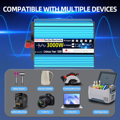 UK Pure Sine Wave Power Inverter 3000W DC 12V/24V To AC 240V Frequency Converter 50hz Solar car Inverter Transformer LED UK Plug