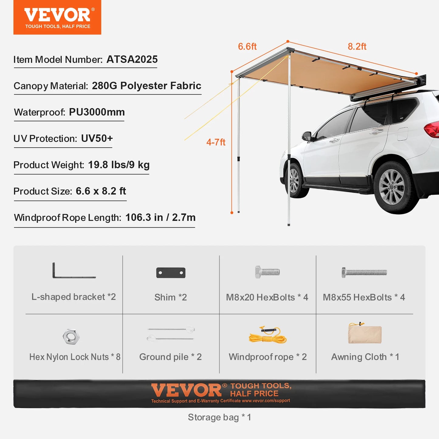 VEVOR Vehicle Awning  Retractable Car Side Awning Car Awning with Waterproof Storage Bag  Suitable for Truck SUV Van Campers