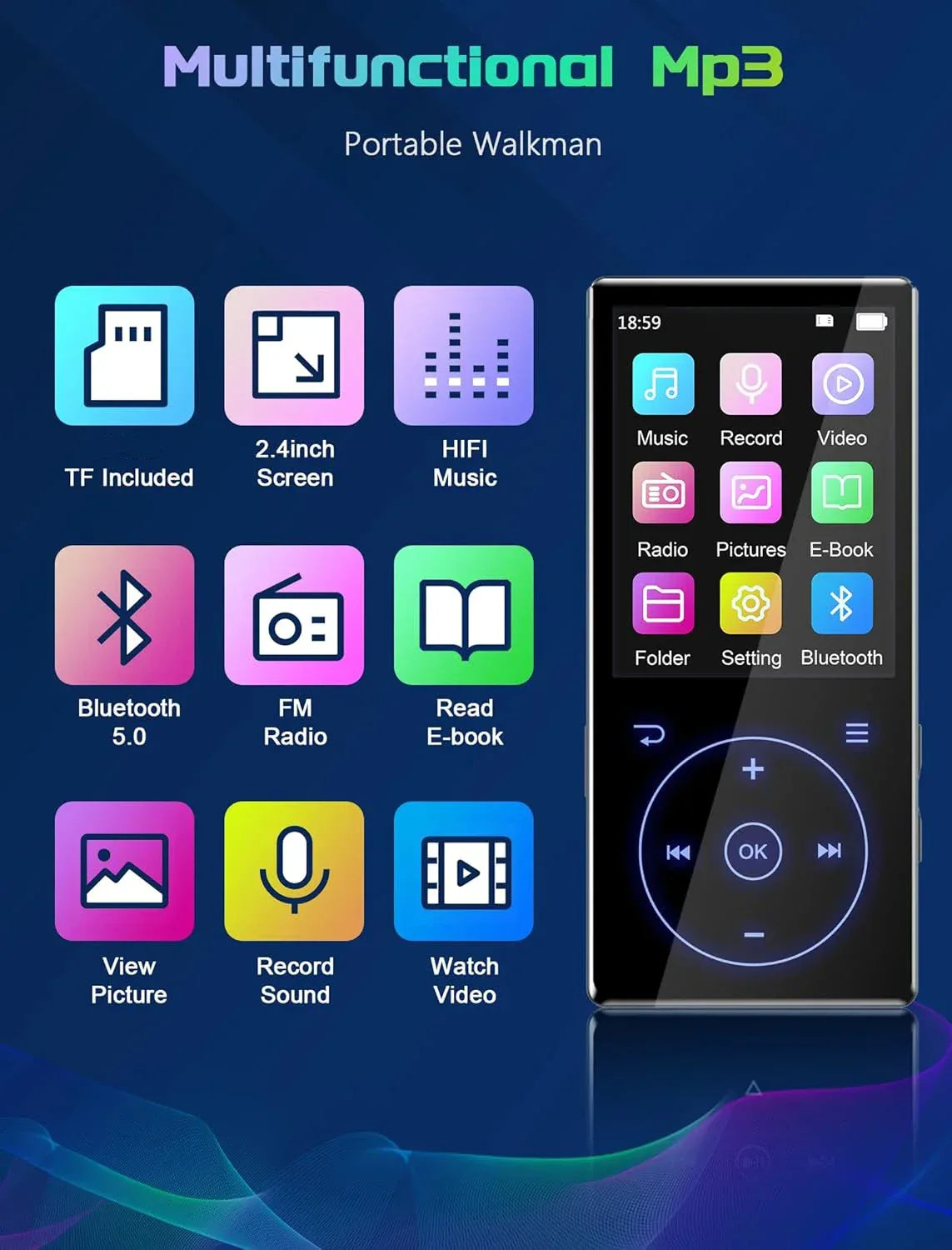 128GB MP3 Player: Portable Music Player with Bluetooth 5.2 HiFi Sound Shuffle Single Loop FM Radio Built-in HD Speaker Voice Rec