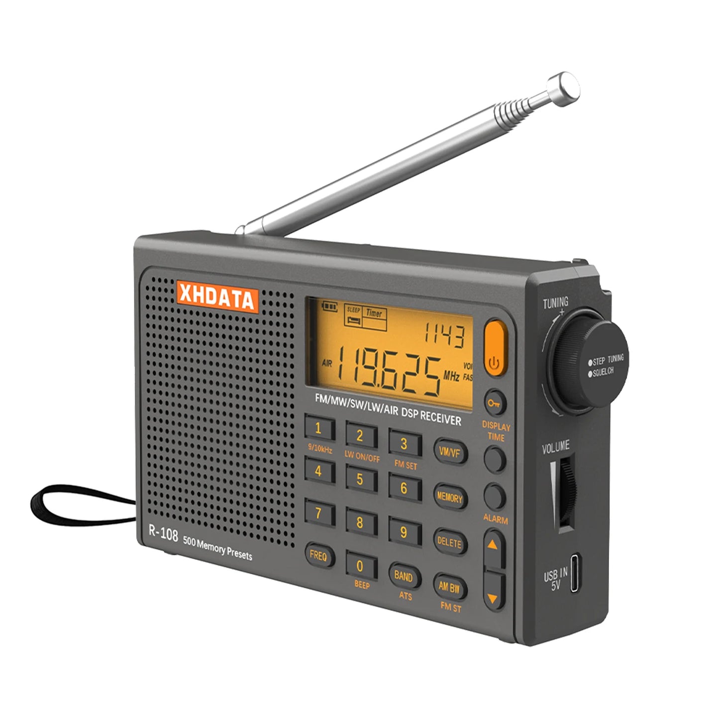 XHDATA R-108 Digital Portable Radio Stereo FM LW SW MW Full-Band Radio DSP Radio Receiver Multi-Function Rechargeable Radio