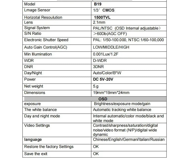 1/3 CMOS 1500TVL Mini FPV-camera met 2,1 mm lens 5V-30V PAL / NTSC Interne OSD verstelbaar voor RC FPV Racing Drone