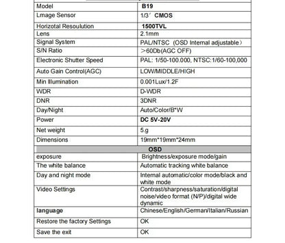 1/3 CMOS 1500TVL Mini FPV-camera met 2,1 mm lens 5V-30V PAL / NTSC Interne OSD verstelbaar voor RC FPV Racing Drone