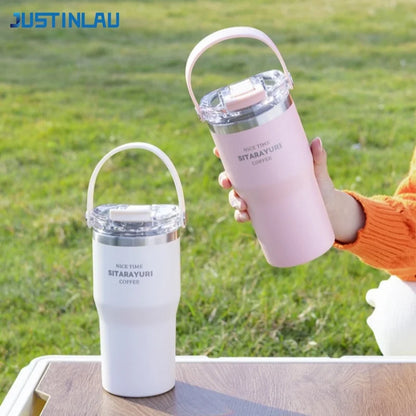 JUSTINLAU 600/900ml Insulated Cups Stainless Steel Double-drinking Thermos Cup with Handle& Straw Sports Bottle Car Ice Tumbler