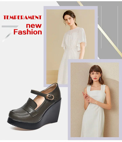 GKTINOO 2025 Wedges Women Shoe Spring Autumn Slip-On High Heels Round Toe Genuine Leather Casual Ladies Platform Shoes Woman