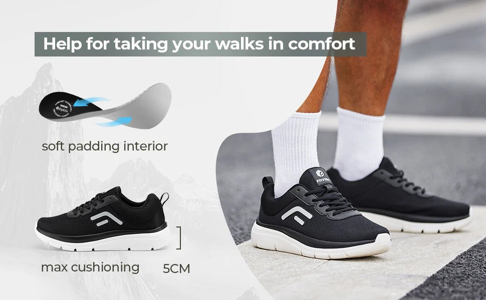 FitVille Walking Shoes for Men Wide Width Thick sole Lightweight Breathable Sneakers Shoes for Plantar Fasciitis Pain Relief