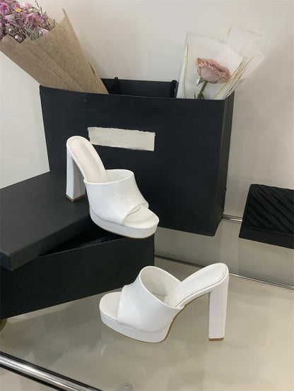 Liyke Sexy Thick High Heels Platform Slippers Black White Cozy PU Leather Open Toe 12CM Women Shoes Sandals Pumps Zapatos Mujer