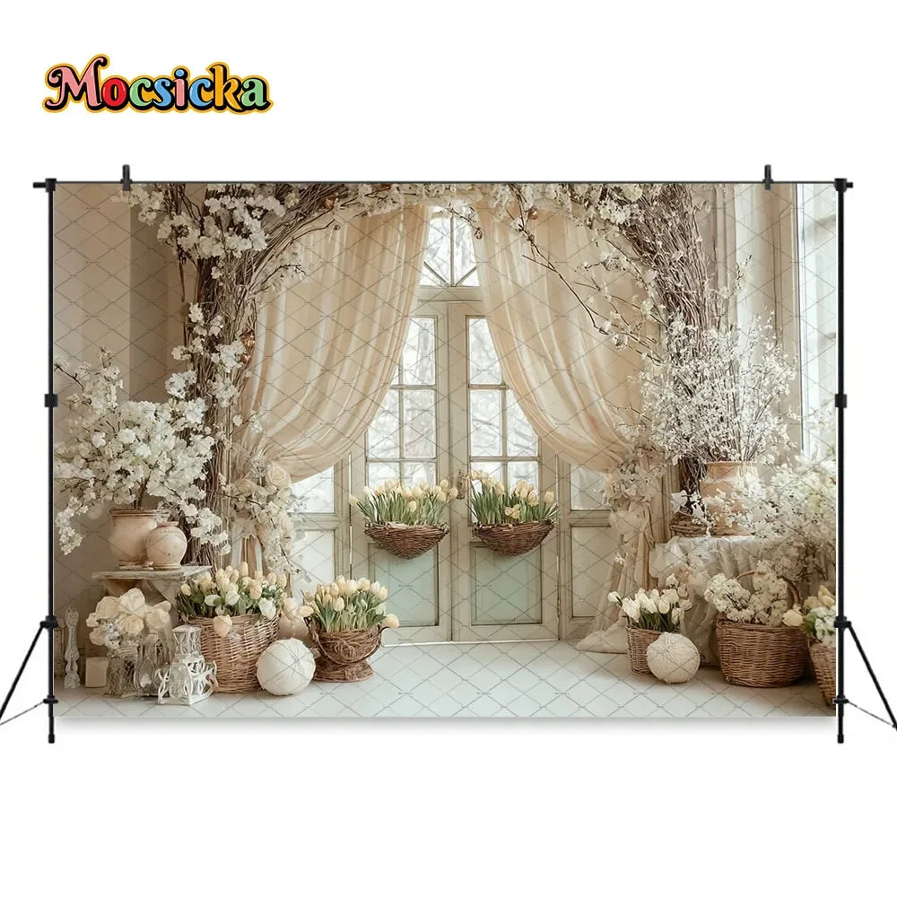 Mocsicka Spring Easter Background Photography White Retro Door Colorful Egg Floral Backdrop Maternity Newborn Photozone Studio