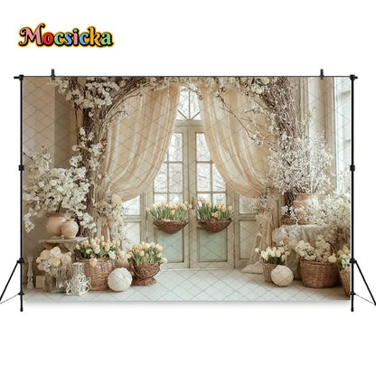 Mocsicka Spring Easter Background Photography White Retro Door Colorful Egg Floral Backdrop Maternity Newborn Photozone Studio