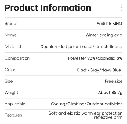 WEST BIKING Winter Cycling Cap With Brim Windproof Warm Sports Cap High Elastic Fleece Hiking Running Hat Cycling Equipment
