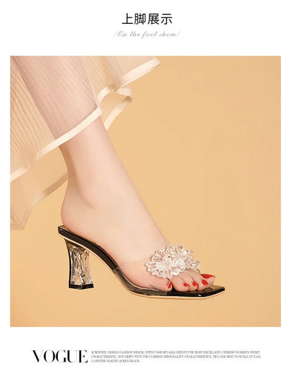 2023 Summer Square Head Open Toe Fashion Transparent Soft Flower Women's Slippers Crystal Heel New High Heel Sandals