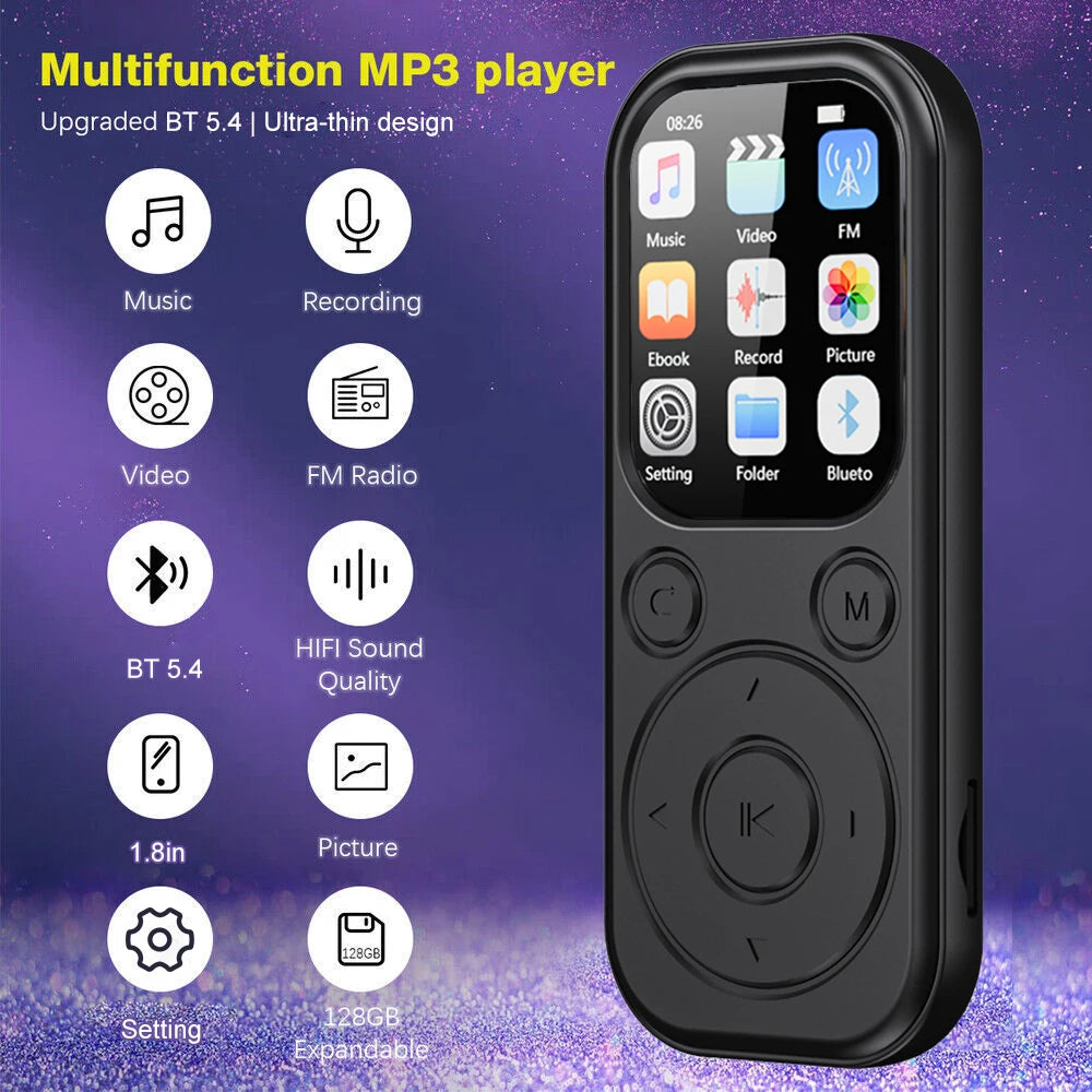 2026 New 1.8 inch Slim MP3 Player Bluetooth 5.4 — Portable Walkman, Compatible eBook Recording FM Radio Music Player