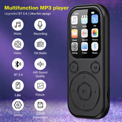2026 New 1.8 inch Slim MP3 Player Bluetooth 5.4 — Portable Walkman, Compatible eBook Recording FM Radio Music Player
