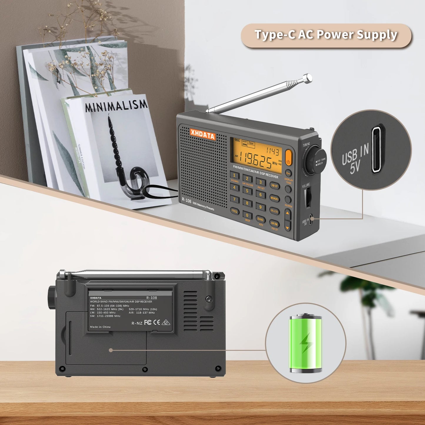 XHDATA R-108 Digital Portable Radio Stereo FM LW SW MW Full-Band Radio DSP Radio Receiver Multi-Function Rechargeable Radio