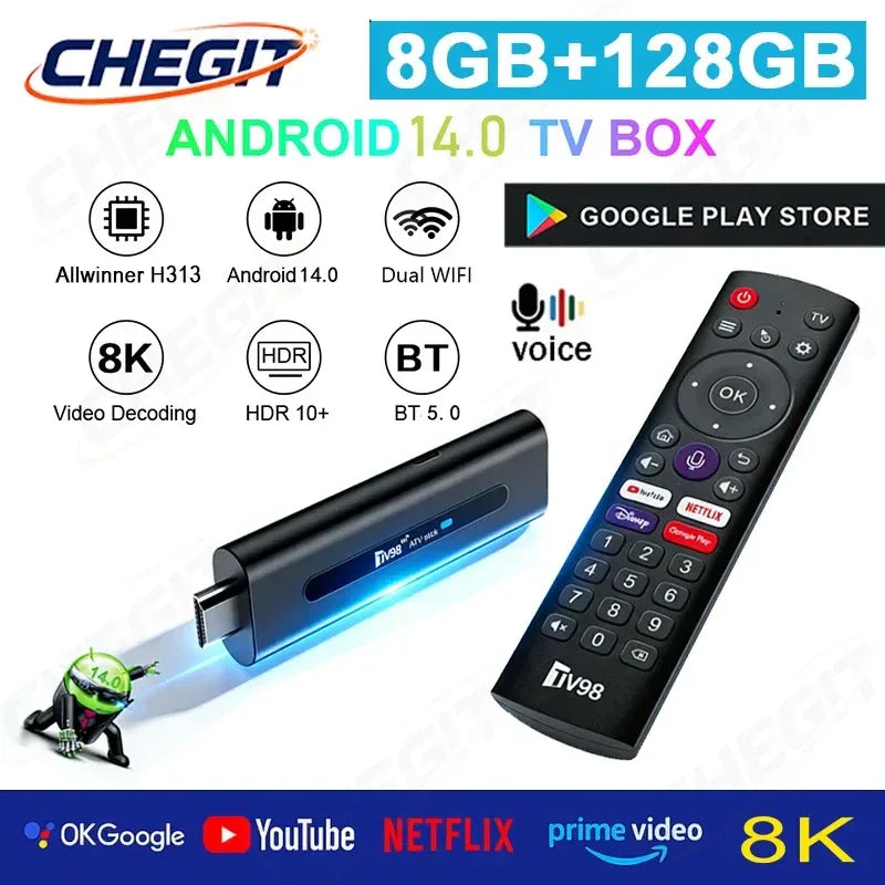 Android TV Stick Set Top Box 8K Dual WiFi 6 Quad Core BT5.0 HDR+10 Google Assistant for Netflix YouTube iptv H313 Media Player