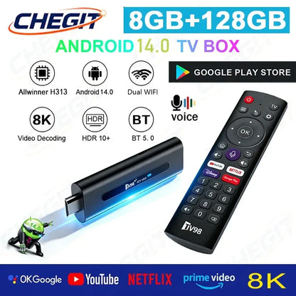 Android TV Stick Set Top Box 8K Dual WiFi 6 Quad Core BT5.0 HDR+10 Google Assistant for Netflix YouTube iptv H313 Media Player