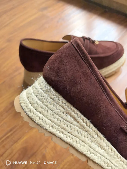 MKKHOU Fashion Loafers New High Quality Real Leather Suede Vintage Straw Braid Platform Shoes Daily Casual Light Shoes Neutral