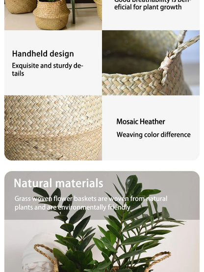 Nordic flower basket, portable woven basket, flower pot, straw woven, bamboo woven, plant woven, floor-standing folding straw wo
