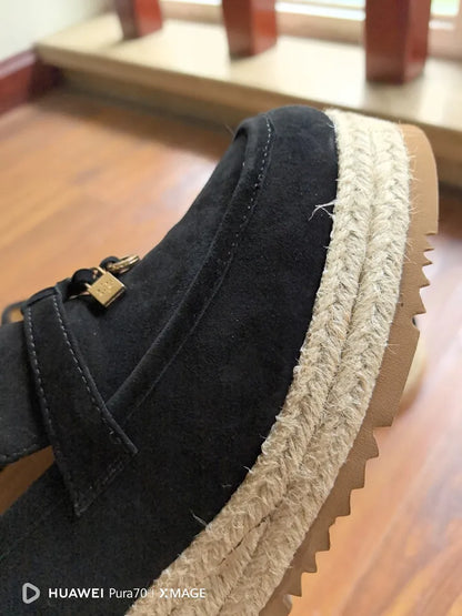 MKKHOU Fashion Loafers New High Quality Real Leather Suede Vintage Straw Braid Platform Shoes Daily Casual Light Shoes Neutral