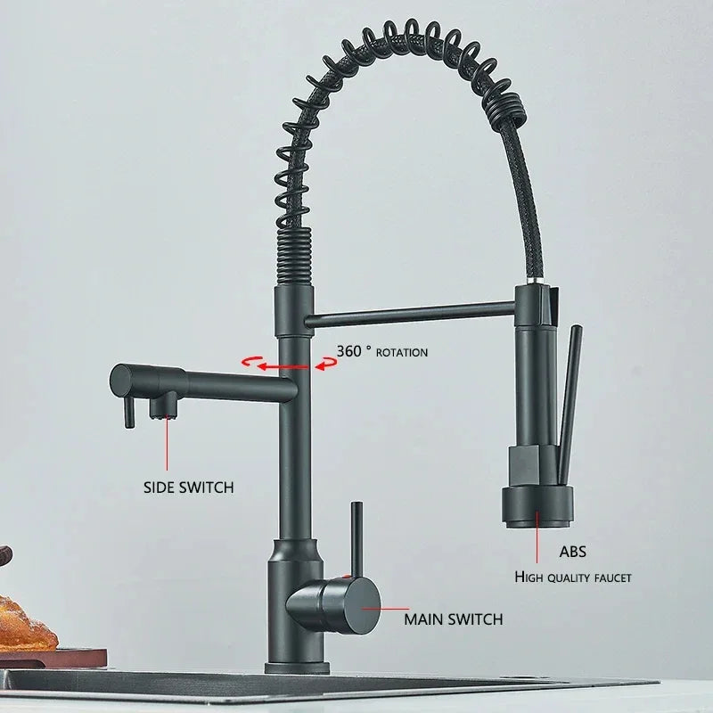 Kitchen Sink Faucet Pull Down Hot and Cold Water Mixer2 Mode Tap with Dual Spout 360 Rotation Flexible Deck Mounted