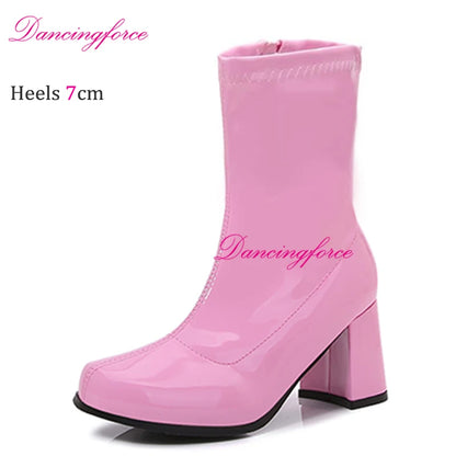 Sexy Gogo Boots 60s 70s Square Heel Ankle Classic Round Toe Boots Shiny Golden Zip Boots Unisex Party Dress Dance Shoes Woman