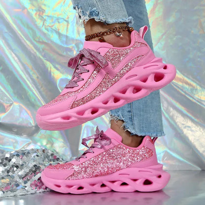 Bling Sports Shoes Women Platform Thick Sole Running Shoes Woman Sneakers Glitter Lightweight Casual Sparkling Women Shoes Pink