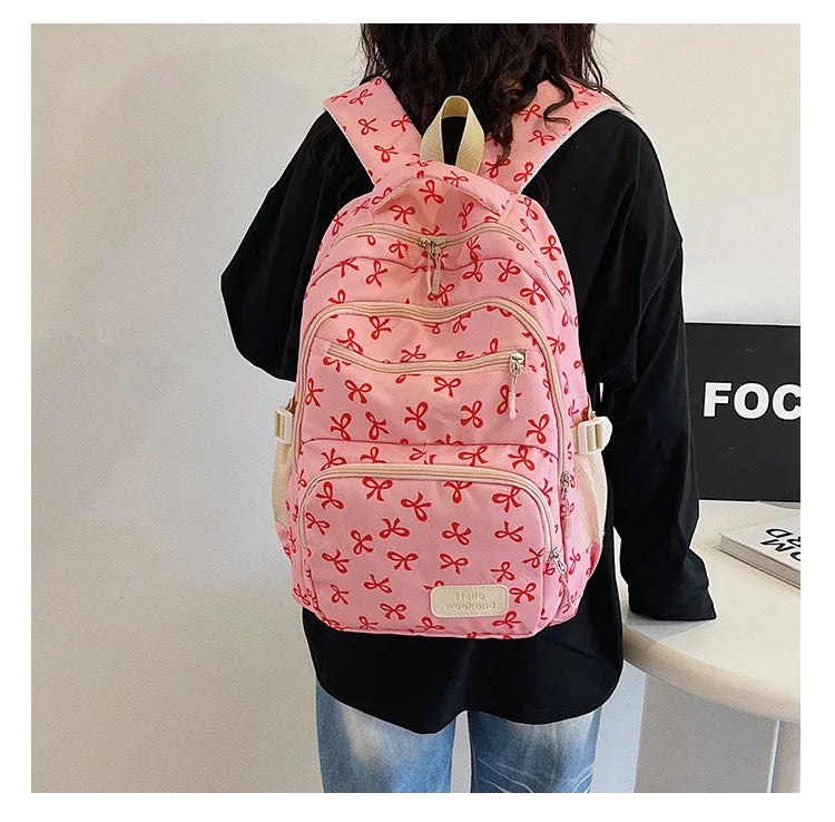 3 Pcs/Set Cute girl Large Capacity Backpack Bow Print Nylon Schoolbag Adjustable Strap Women daily Campus Backpack
