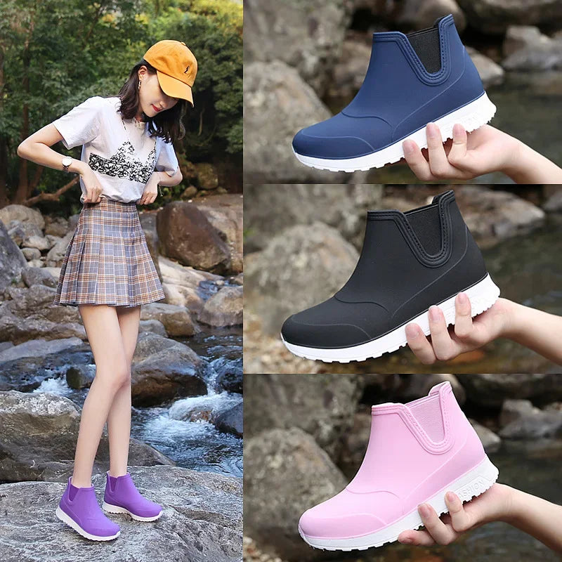Fashionable Winter Short Ankle Women's Rain Boots Waterproof Slip Resistant Car Wash Shoes Adult Fleece Lined PVC Ladies Footwea