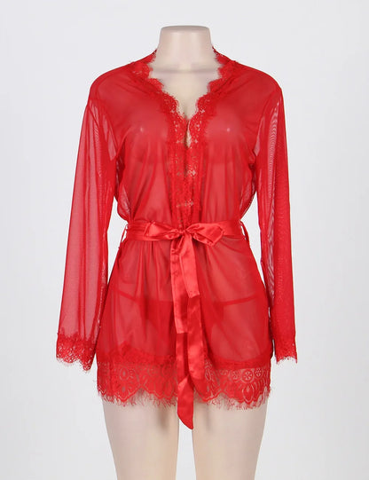 Women's Sheer Lace Kimono Robe, Long Sleeve V-Neck Belted Soft Bridal Wedding Lingerie Nightwear Multi-color