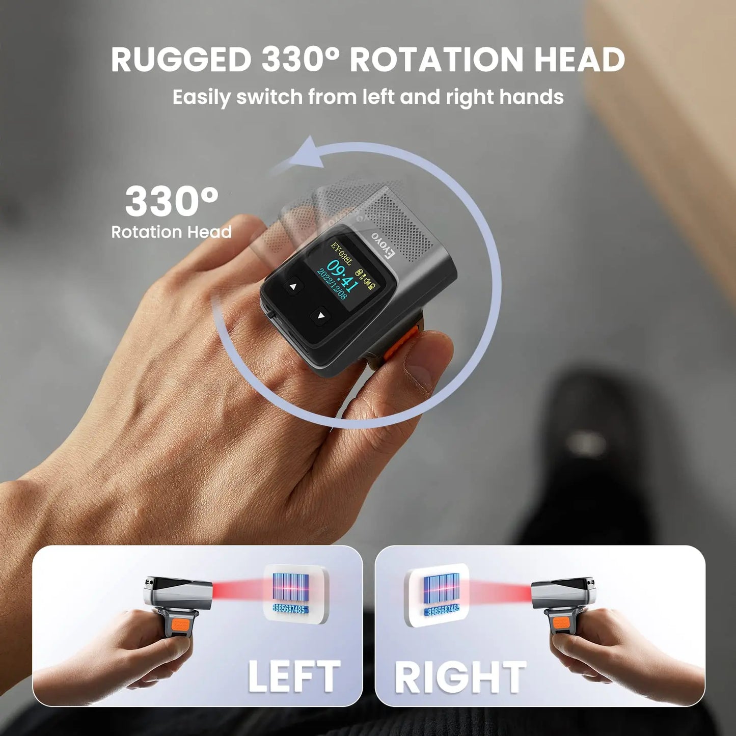 Eyoyo EY-038 Ring Barcode Scanner with Screen.1D Laser/2D Mini Wearable Bluetooth Finger QR Code Reader.Support Screen Scanning