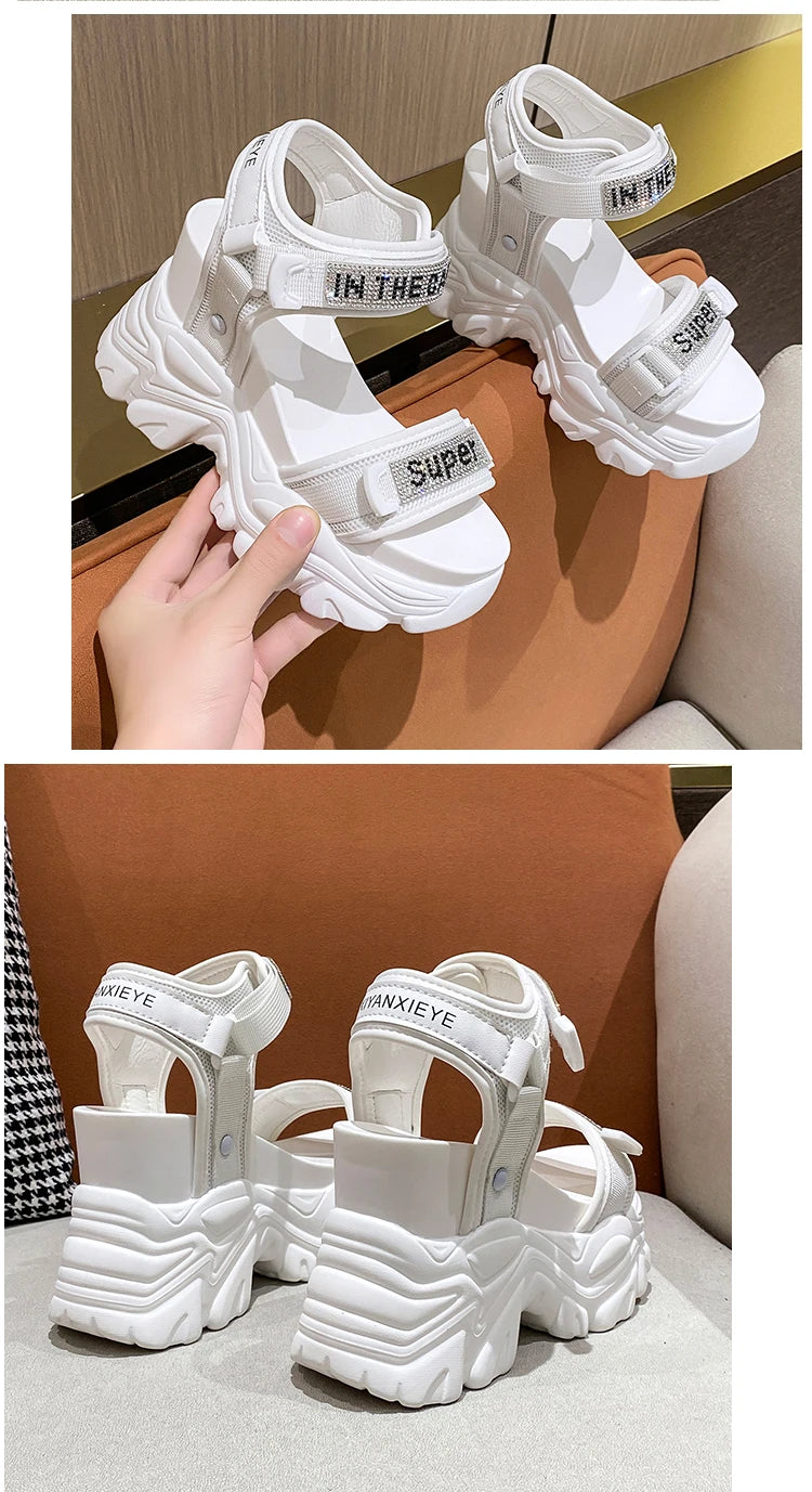 New Summer Black Women High Platform Sandals 11CM Wedge Heels Bling Slippers Peep Toe High Heels White Leather Chunky Flip-Flops