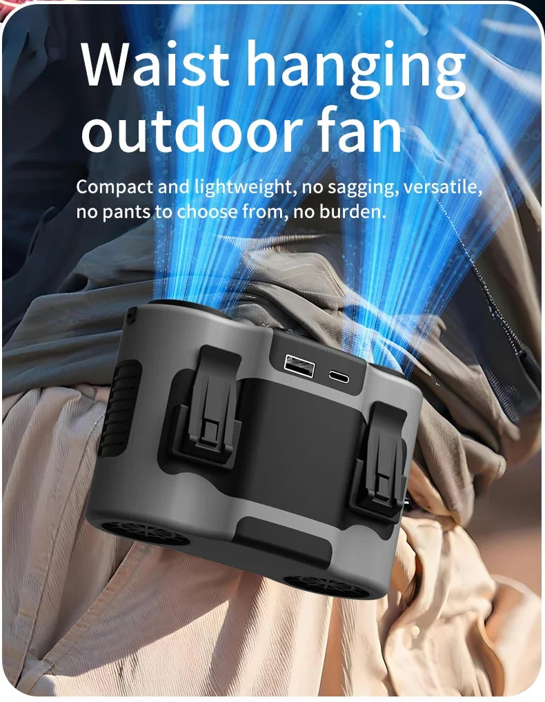 Portable Waist Clip Fan Small USB Charging Hanging Fan with LED Flashlight Outdoor Single/dual Air Outlet Fan 20000/10000Mah