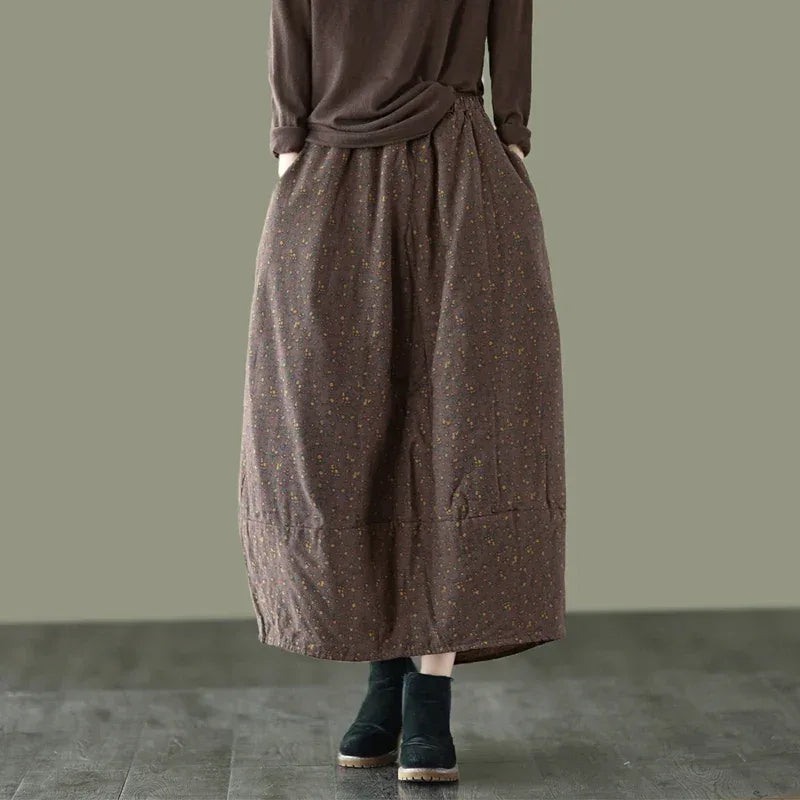 Careaymade New Autumn Winter Print Cotton Skirt Women Elastic Waist Thick Warm Long Skirts Female Loose Vintage Skirts